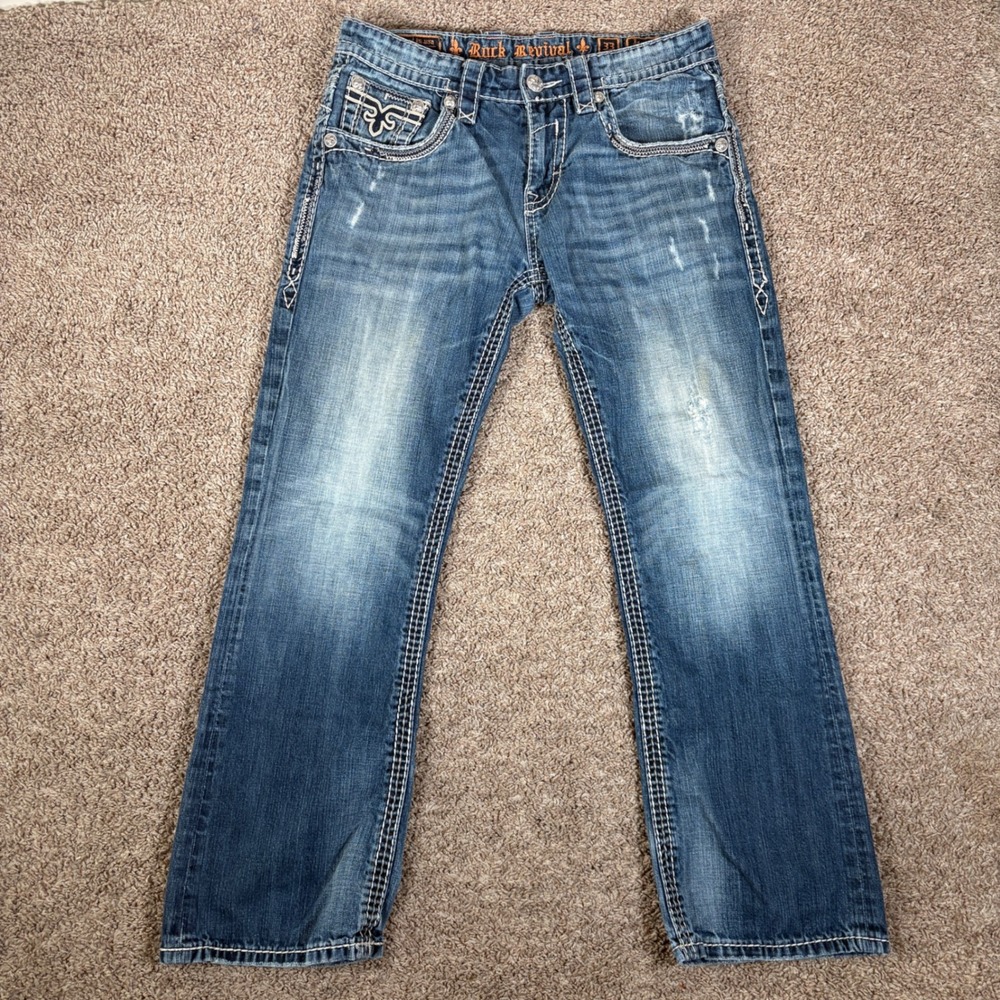 Rock Revival Jasper Boot Mens Jeans 33 Medium Wash Distressed ES7528B6